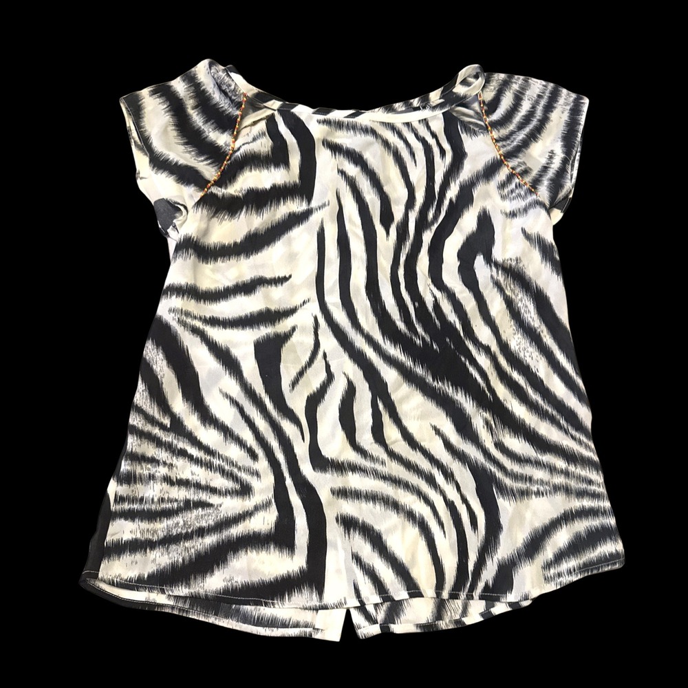Les Petites Paris Zebra Print Silk Blend Beaded Back Button Blouse Haut Jungle L - Picture 2 of 5